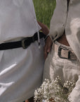 POŚI genuine leather belt styled with heritage dress and vest – country-inspired capsule fashion